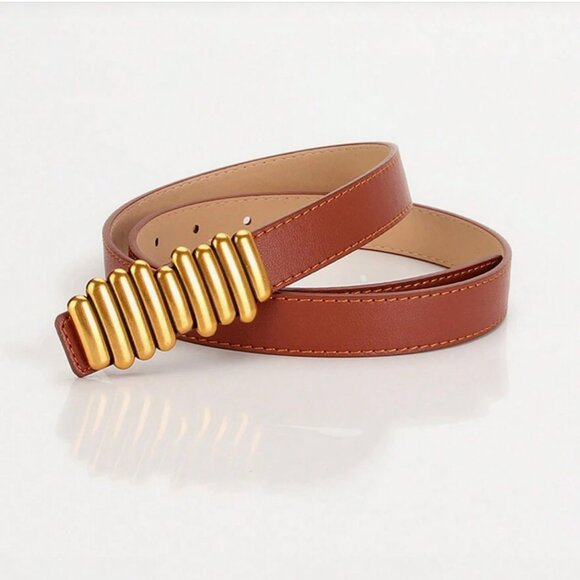 Vegan Leather Geometric Buckle Belt Brown - Picture 1 of 5
